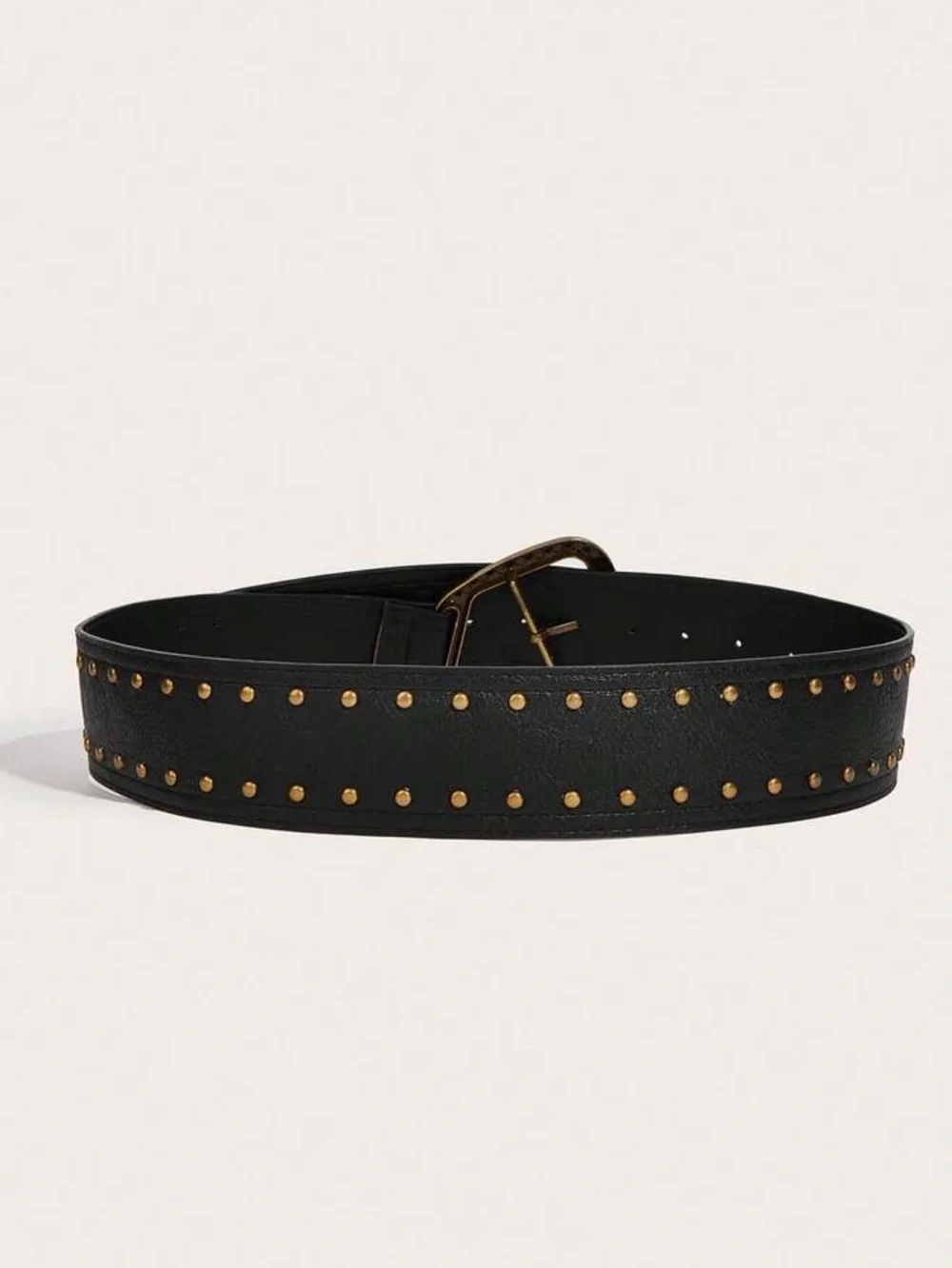 Black Studded Wide Leather Belt with Antique Gold Buckle
